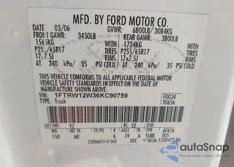 2006 Ford F-150 Xlt from USA, damaged, VIN 1FTRW12W36KC90759